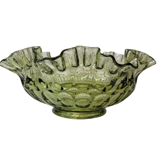 Vintage Fenton thumbprint cramped ruffle bowl Avocado green - Picture 3 of 5